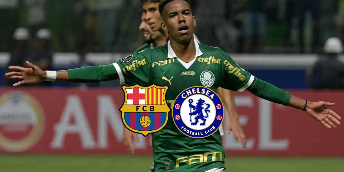 Estevão Willian celebrates his goal for Palmeiras while the FC Barcelona and Chelsea badge are below him. (Source: FC Barcelona Noticias)