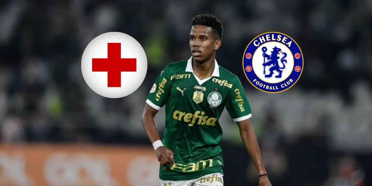 Estêvão Willian looks tired as he wears the Palmeiras jersey as the Chelsea badge and the injury signal is next to him. (Source: CFCFofana X)