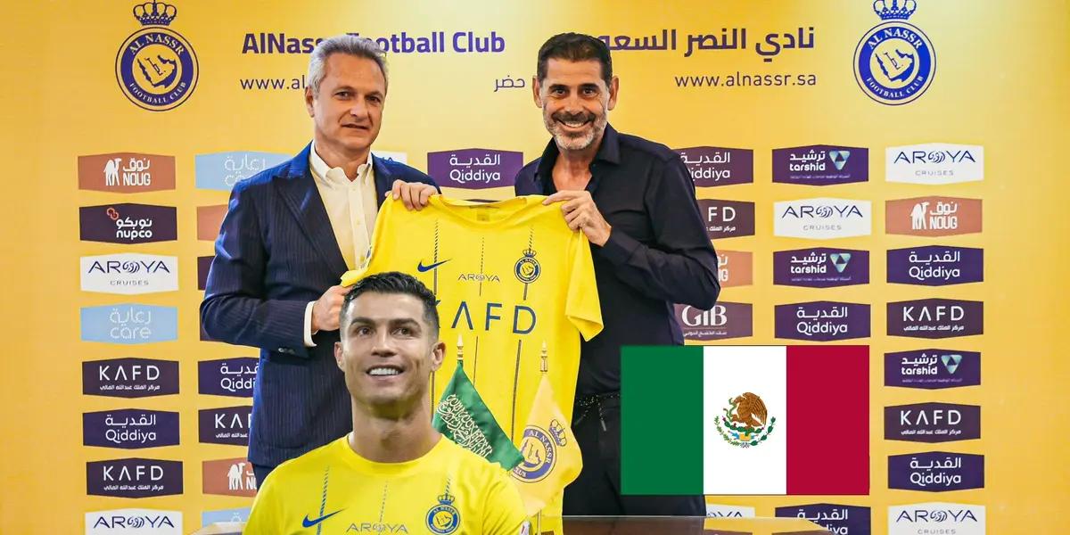 Fernando Hierro is presented as the new sporting director for Al Nassr while Cristiano Ronaldo smiles and the Mexican flag is next to him. (Source: Al Nassr X)