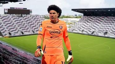 Guillermo Ochoa with the Salernitana jersey and Inter Miami stadium at the back.