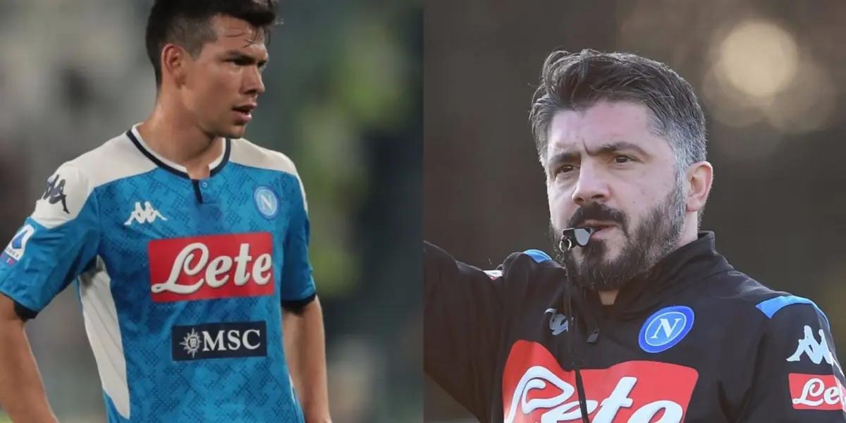 Hirving Lozano with the Napoli jersey and Gennaro Gattuso coaching.