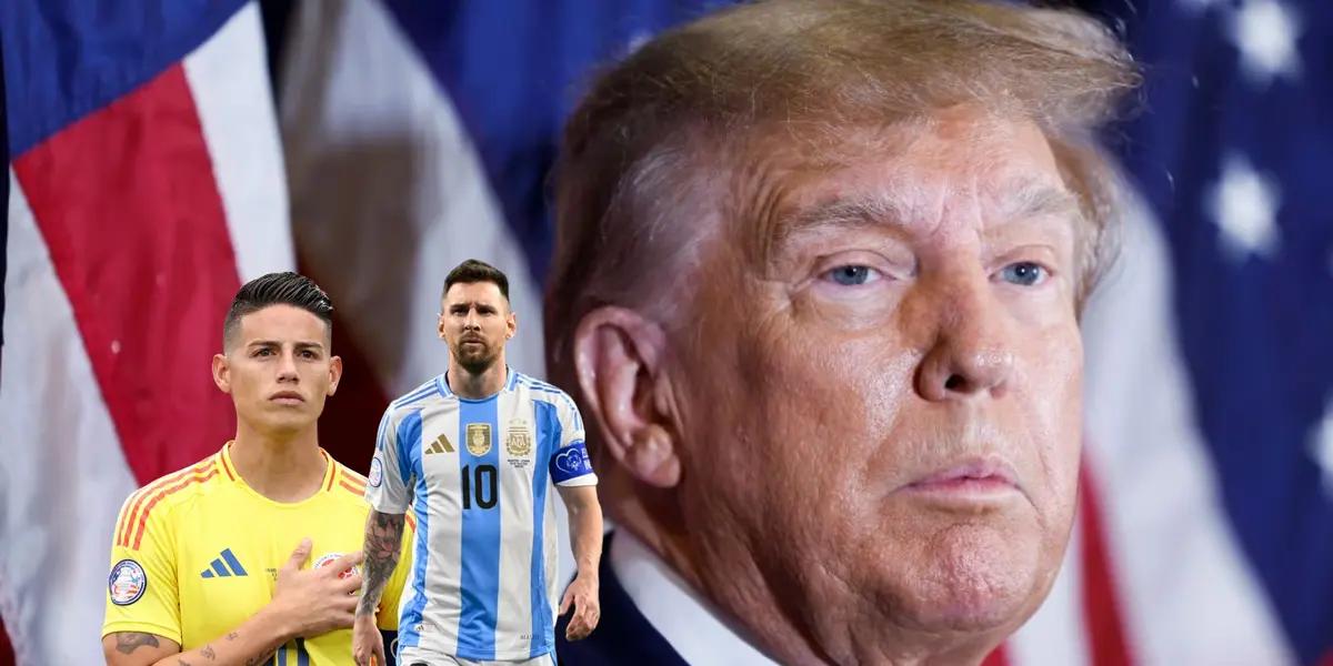 James Rodriguez and Lionel Messi wear their national team jerseys as Donald Trump looks serious. (Source: Getty Images, Messi Xtra, LigadeCampeones X)