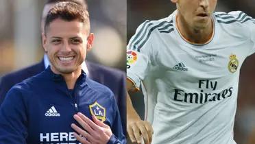 Javier Hernández with the LA Galaxy sport sweater and the Real Madrid jersey.