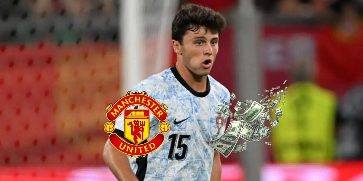 Joao Neves looks focused as he wears the away Portugal jersey at the EUROS; the Manchester United logo and money is below him. (Source: Getty Images)