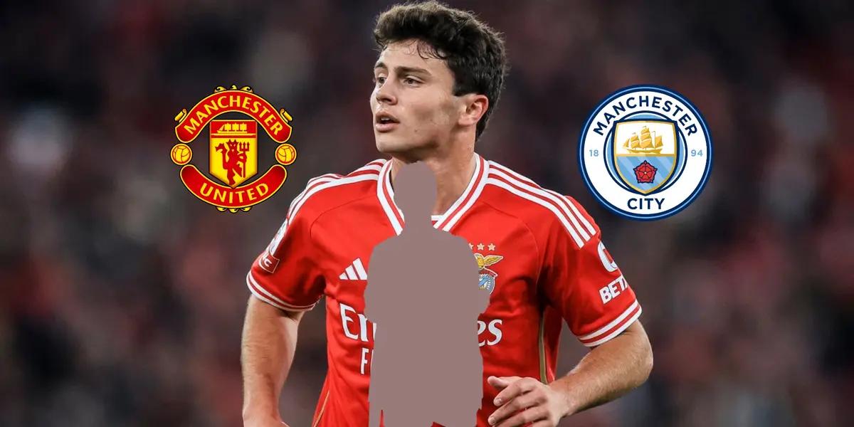 João Neves runs with the Benfica jersey while the Manchester United and the Manchester City logo while the mystery player is below him. (Source: The United Stand X)