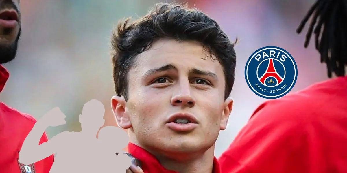 João Neves sings the Portugal national anthem while a mystery player is below him and the PSG badge is next to him. (Source: DeadlineDayLive X)