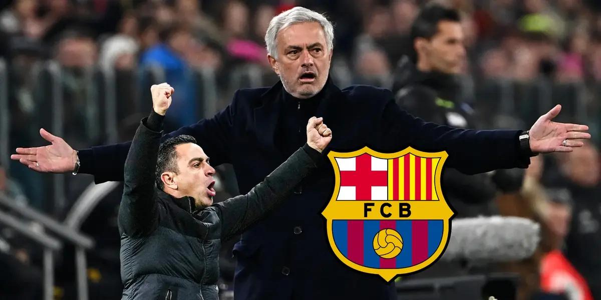 Jose Mourinho confused while Xavi celebrates an FC Barcelona victory.