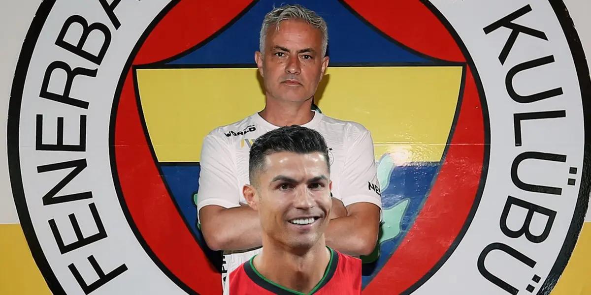 Jose Mourinho cross his arms together while Cristiano Ronaldo smiles with a Portugal jersey on. (Source: Jose Mourinho TV X, GOATTWORLD X)