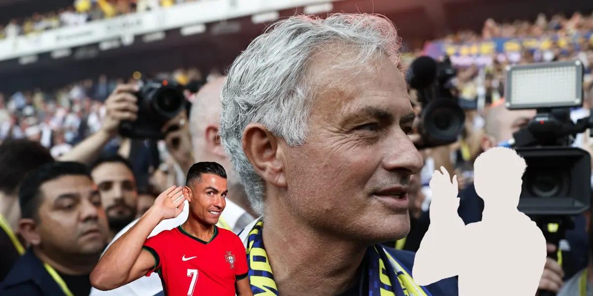 Jose Mourinho smiles while wearing the Fenerbahçe scarf; Cristiano Ronaldo smiles and does a pose while a mystery player is next to him.