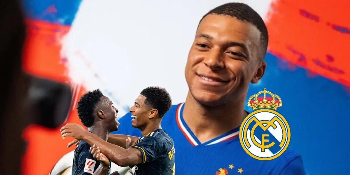 Kylan Mbappé smiles while wearing the France jersey; Vinicius Jr. and Jude Bellingham smiles together as the Real Madrid badge is next to them.