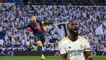 Kylian Mbappé celebrates a PSG goal while Rudiger celebrates a Real Madrid goal.