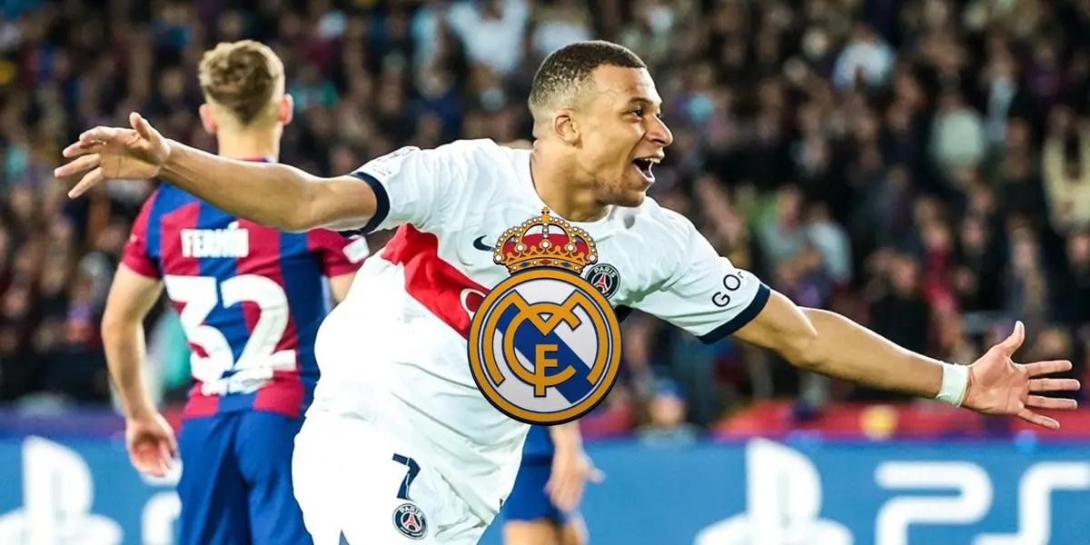 Kylian Mbappé celebrates his goal with his arms out while wearing a white PSG jersey; the Real Madrid badge is in the middle.