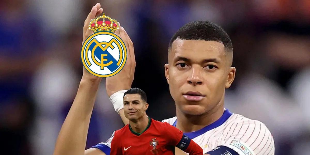 Kylian Mbappé claps with a France jersey on while Cristiano Ronaldo smiles with a Portugal jersey on and the Real Madrid badge is near them. (Source: UEFA EURO 2024 X)