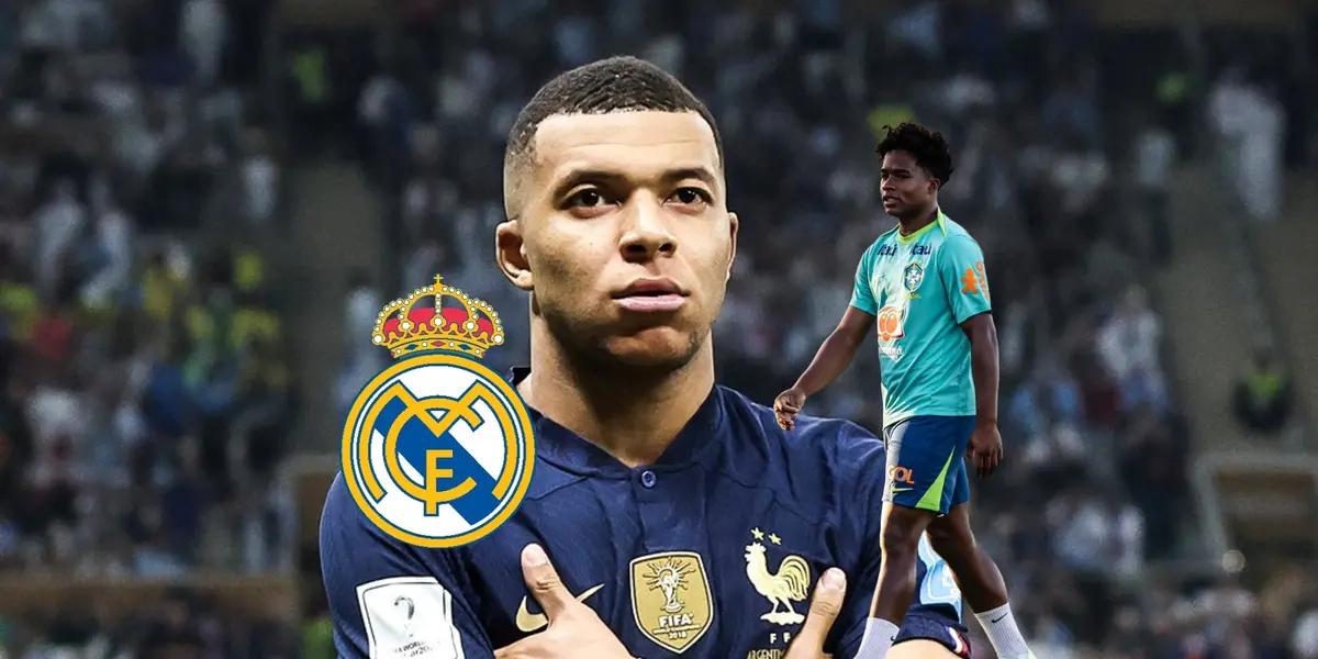 Kylian Mbappé does his trademark celebration with France while Endrick walks by wearing the Brazil training kit and the Real Madrid badge is next to them. (Source: BR Football X)