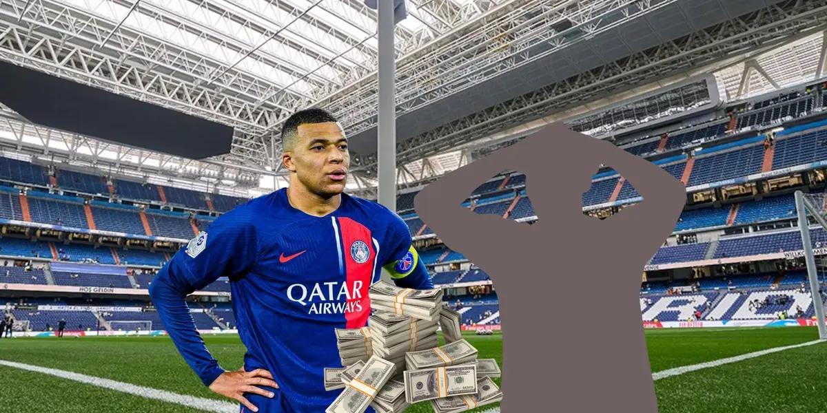 Kylian Mbappé during a game for PSG in Ligue 1 with the background of the Santiago Bernabeu.