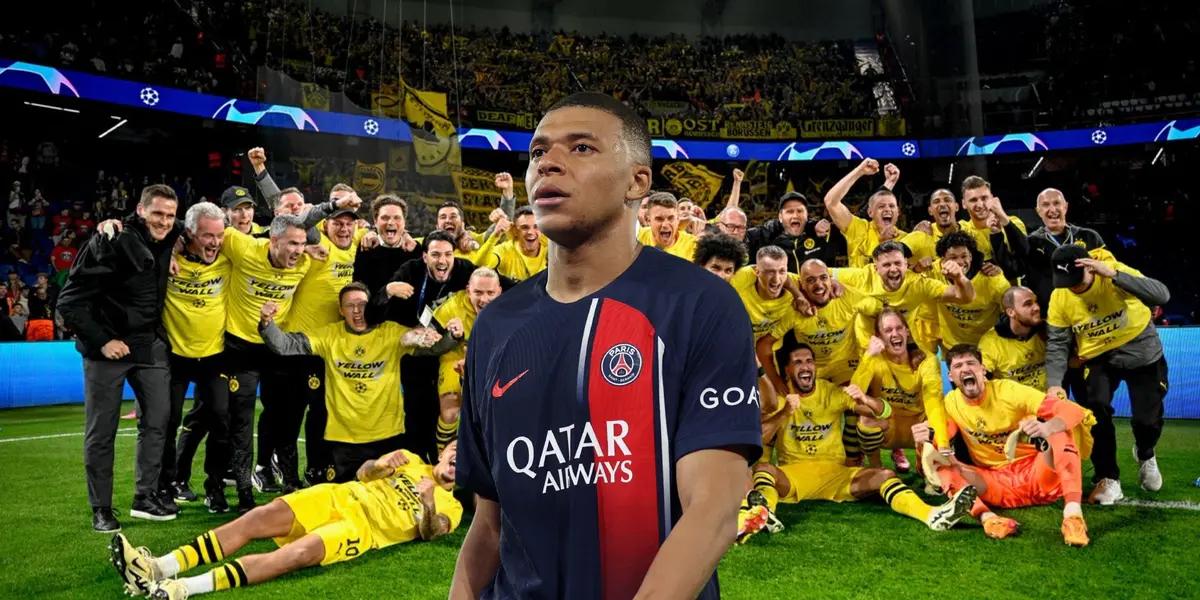 Kylian Mbappé is sad with PSG while the Borussia Dortmund team celebrates with their fans.