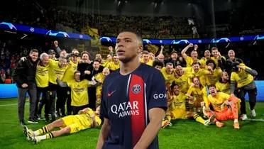 Kylian Mbappé is sad with PSG while the Borussia Dortmund team celebrates with their fans.