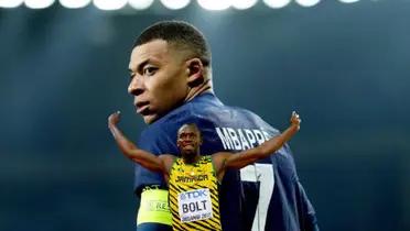 Kylian Mbappé looks back in a PSG game while Usain Bolt celebrates a win.