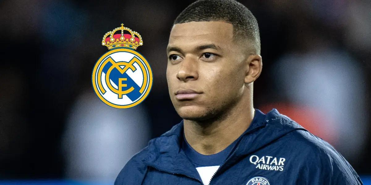 Kylian Mbappé looks serious while wearing a PSG jacket and the Real Madrid logo is next to him.