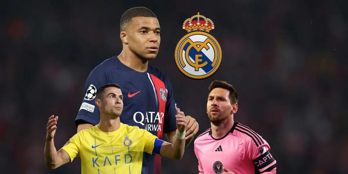 Kylian Mbappé looks serious with a PSG shirt on while Cristiano Ronaldo complains with an Al Nassr shirt; Messi is focused with Inter Miami.