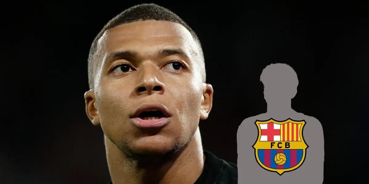 Kylian Mbappé looks up wearing a black PSG jersey while a mystery player has an FC Barcelona badge.