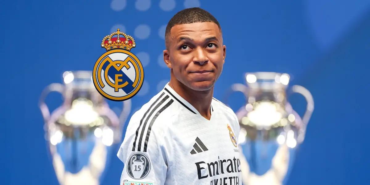 Kylian Mbappé looks up with a smile on his face as he wears the Real Madrid jersey and the club badge is next to him. (Source: KM 10 Zone X)
