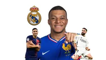Kylian Mbappé smiels and points while wearing the France Kit and the Real Madrid badge is next to him. Hakimi and Carvajal is next to him. (Source: EURO 2024 X, X)