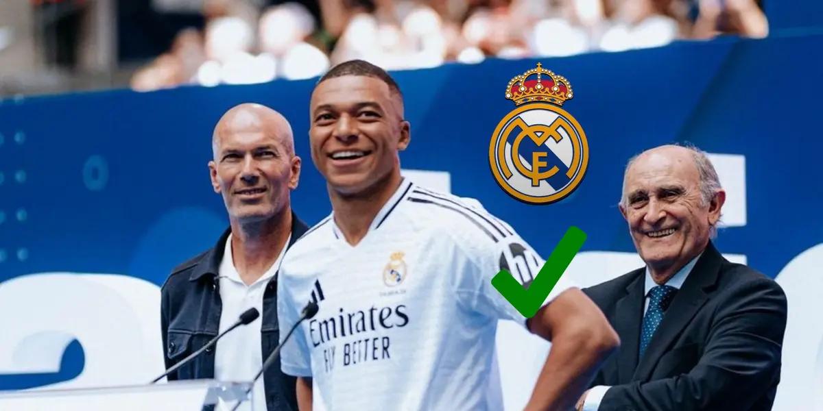 Kylian Mbappé smiles in a Real Madrid jersey as the Real Madrid badge and a check sign is next to him. (Source: Madrid Xtra X)
