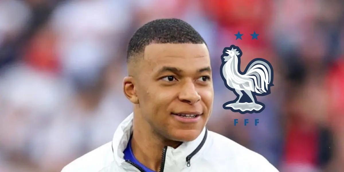 Kylian Mbappé smiles while wearing the French national team jacket and the France national team badge is next to him. (Source: TheEuropeanLad X)