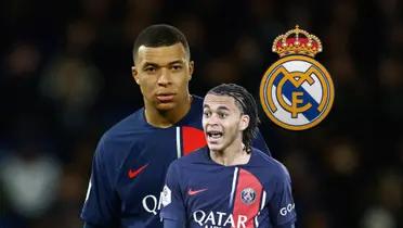 Kylian Mbappé wears the PSG jersey while his brother Ethan Mbappé screams wearing a PSG kit; the Real Madrid badge is next to them.