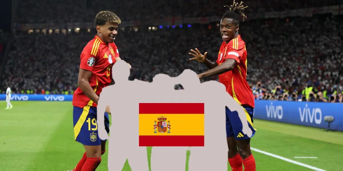 Lamine Yamal and Nico Williams celebrate a Spain goal together while the Spanish flag is on three mystery legends. (Source: Mundo Deportivo X)