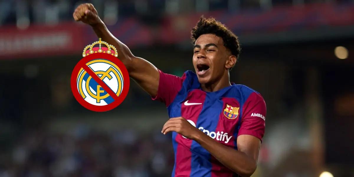 Lamine Yamal celebrates a goal for FC Barcelona as the Real Madrid badge is crossed out. (Source: Barca Universal X)