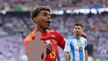 Lamine Yamal celebrates a goal for Spain while Lionel Messi looks up with an Argentina jersey and a mystery player is next to him. (Source: Barca Universal X)