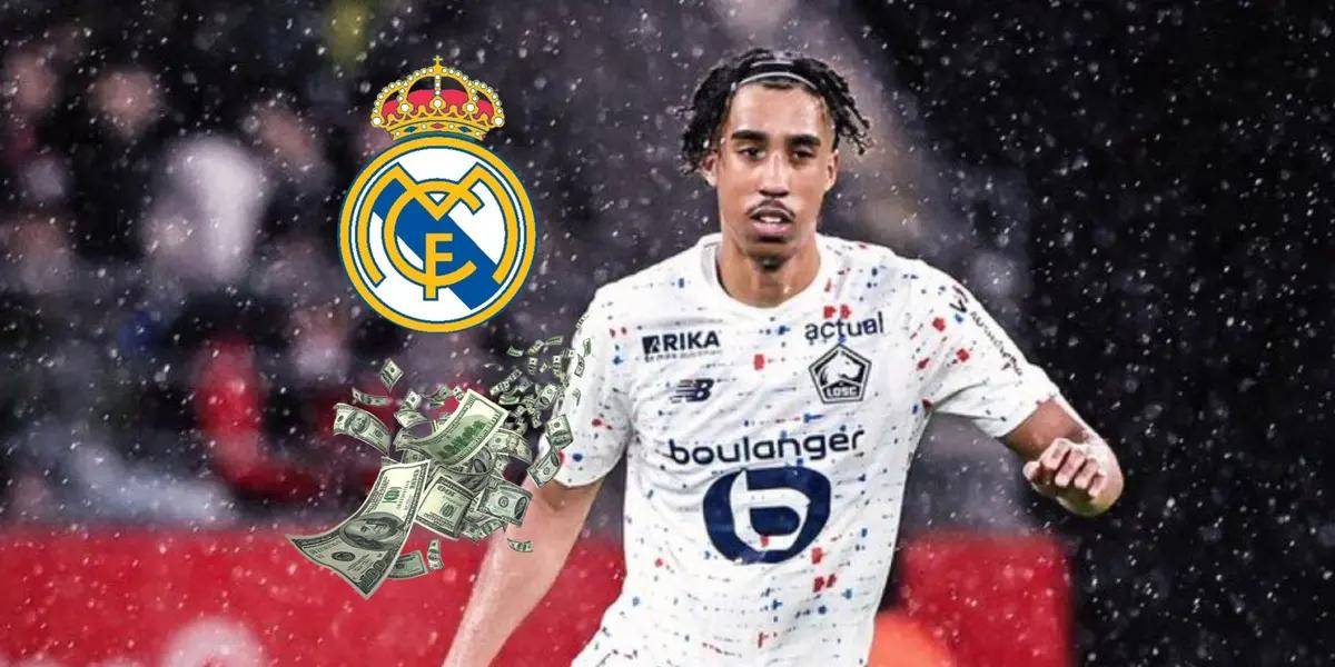 Leny Yoro wears the white jersey of Lille as the Real Madrid badge and $100 bills are next to him. (Source: Madrid Zone X)