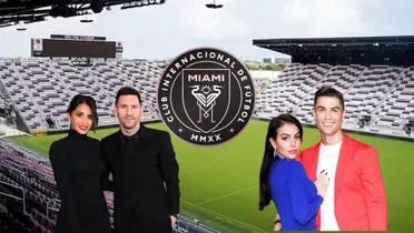 Lionel Messi and Cristiano Ronaldo pose for a picture with their ladies.