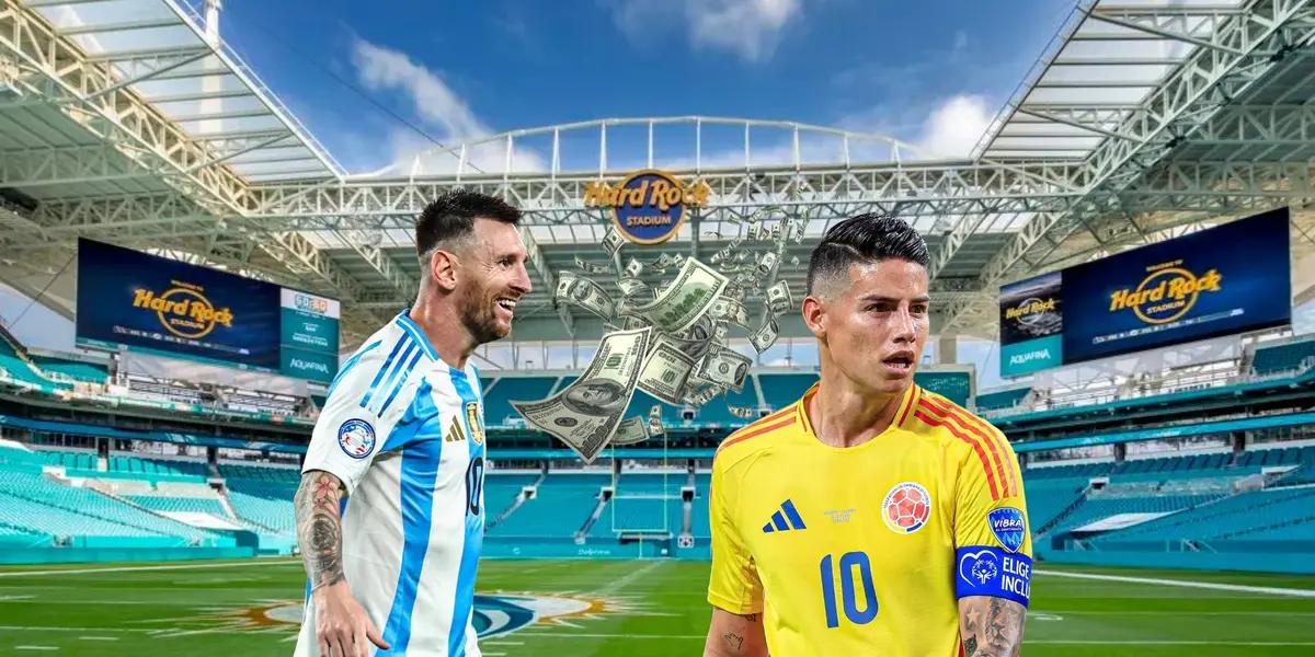 Lionel Messi and James Rodriguez wear their respective national team jerseys while money is in between them and they are at the Hard Rock Stadium. (Source: Christy Radecic for HOK, Centre Goals X, Messi Xtra X)