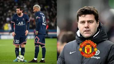 Lionel Messi and Neymar look at the goal wearing the PSG jerseys and Mauricio Pochettino looks serious with a Chelsea jacket on. A Manchester United logo is below him.