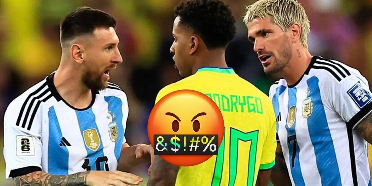 Lionel Messi and Rodrygo are arguing with each other as Rodrigo De Paul is next to them; an angry emoji is in the middle. (Source: MARCA)