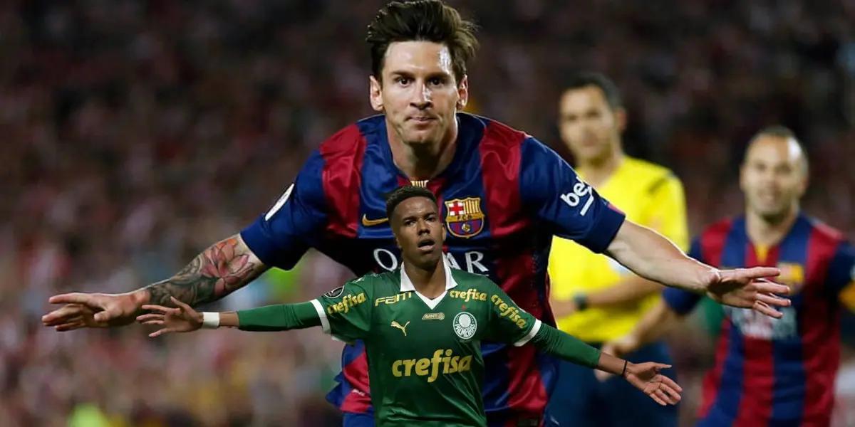 Lionel Messi celebrates his FC Barcelona goal in 2015 while Messinho celebrates his goal for Palmeiras.