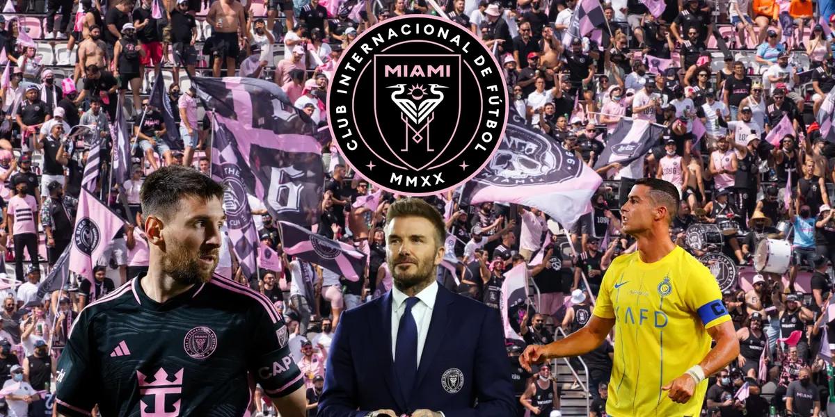 Lionel Messi looks at his teammates while David Beckham wears a suit. Cristiano Ronaldo looks on his right side.