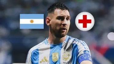 Lionel Messi looks concerned while he wears the Argentina jersey; the Argentina flag and the injury cross is next to him. (Source: Messi Xtra X)