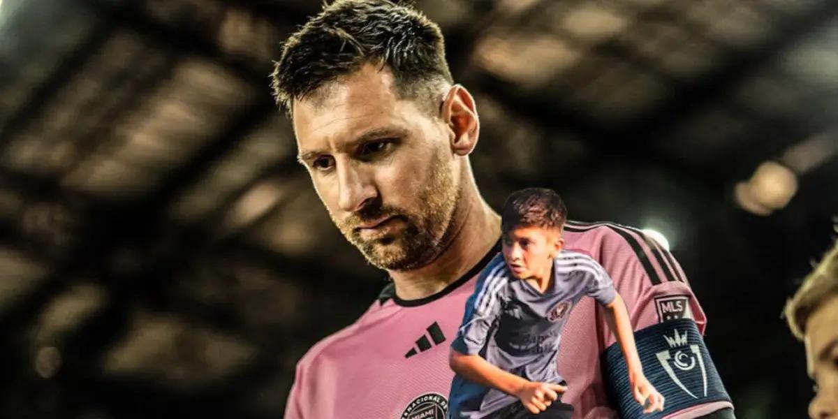 Lionel Messi looks down while wearing the Inter Miami jersey and Thiago Messi runs with the Inter Miami academy shirt on.
