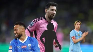 Lionel Messi looks down with an Inter Miami shirt and Neymar smiles with an Al Hilal shirt. De Bruyne claps with a Man City kit