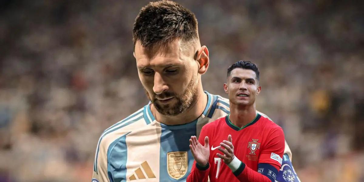 Lionel Messi looks down with the Argentina jersey and Cristiano Ronaldo claps with the Portugal jersey on. (Source: Messi Xtra X, GOATTWORLD X)