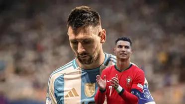 Lionel Messi looks down with the Argentina jersey and Cristiano Ronaldo claps with the Portugal jersey on. (Source: Messi Xtra X, GOATTWORLD X)