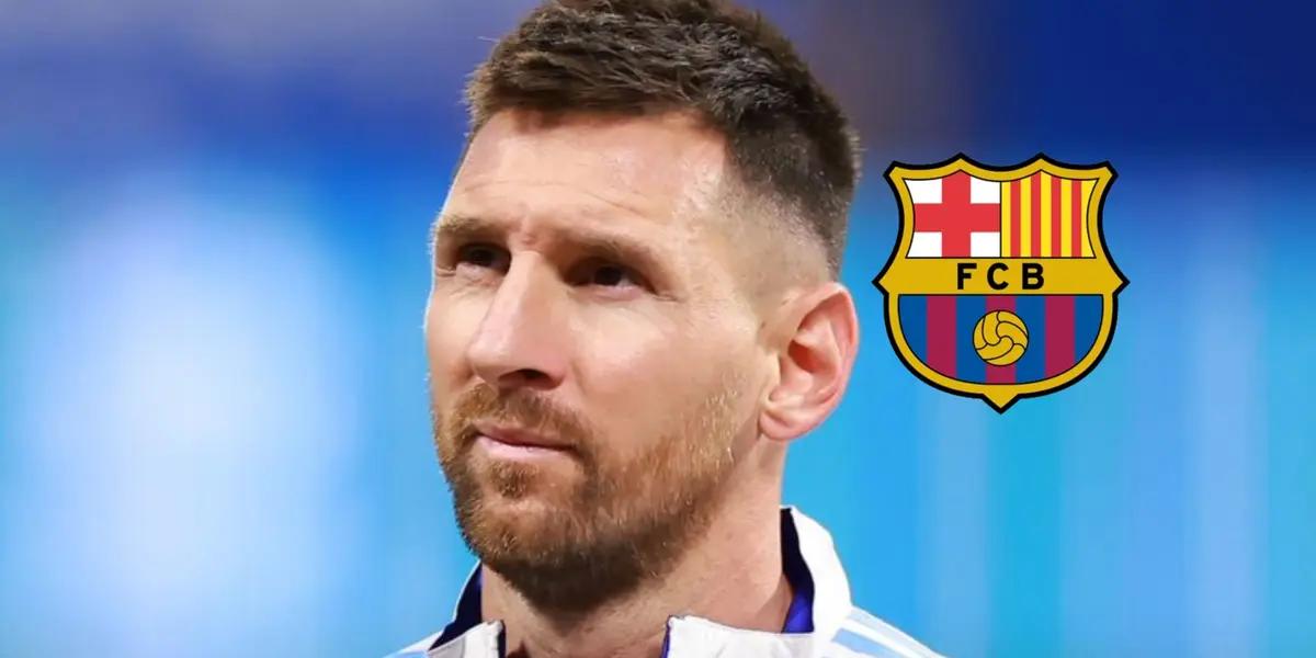 Lionel Messi looks up with the Argentina jacket while the FC Barcelona badge is next to him. (Source: Messi Xtra X)