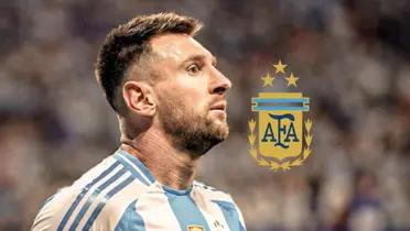 Lionel Messi looks worried as he wears the Argentina jersey and the Argentina national team badge is next to him. (Source: Messi Xtra X)