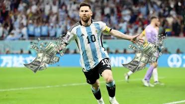 Lionel Messi opens his arms out with the Argentina national team jersey and flying bills are next to him.