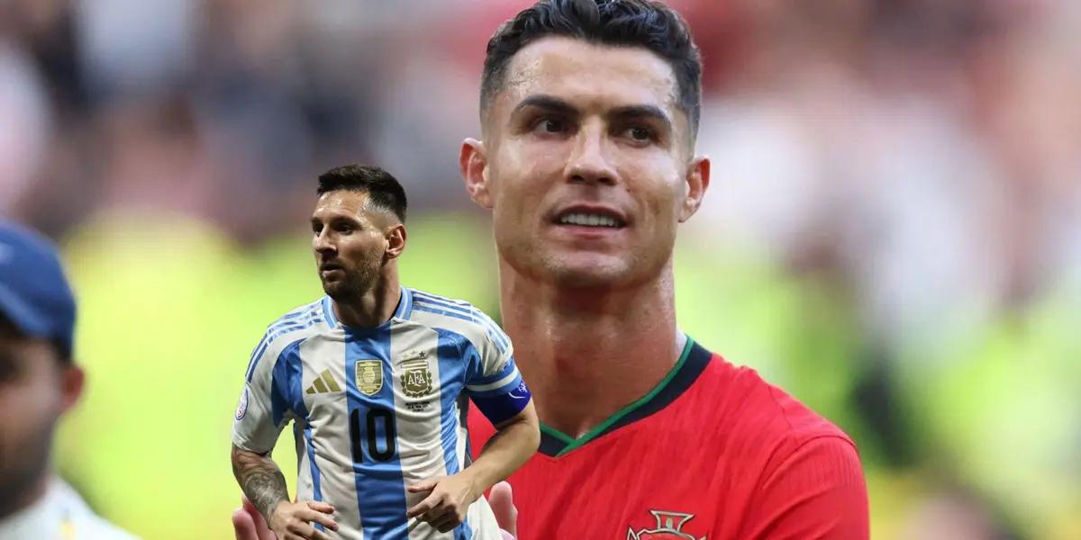 Lionel Messi runs with the Argentina jersey on and Cristiano Ronaldo claps with the Portugal jersey on. (Source: Messi Xtra X, GOATTWORLD X)