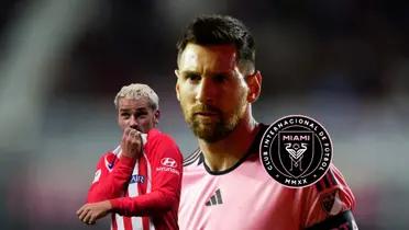 Lionel Messi seems focused with Inter Miami while Antoine Griezmann kisses the Atletico Madrid badge.